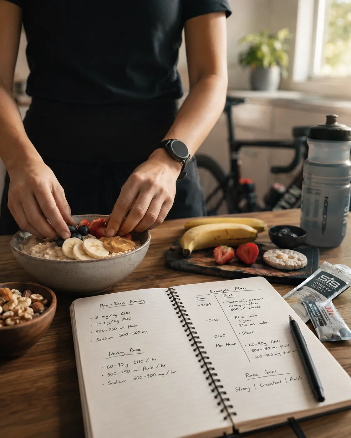 A sports dietitian's hands preparing whole foods beside handwritten fueling calculations