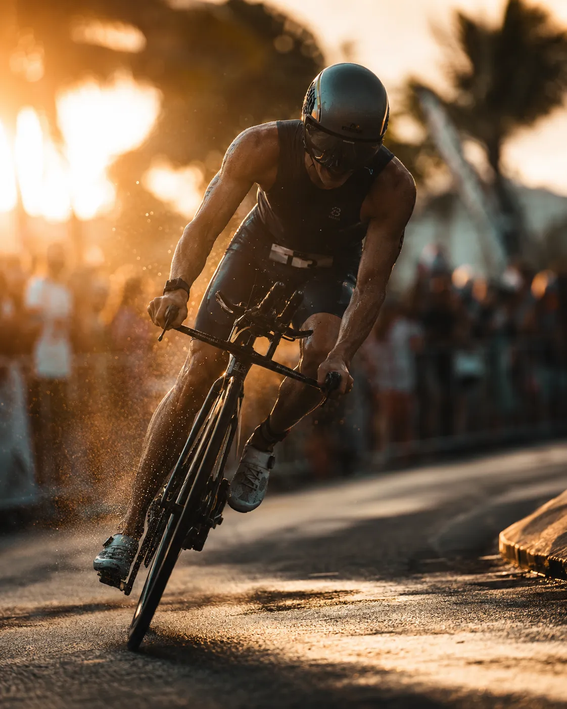 A triathlete driving a time-trial bike through golden light, crowd blurred behind